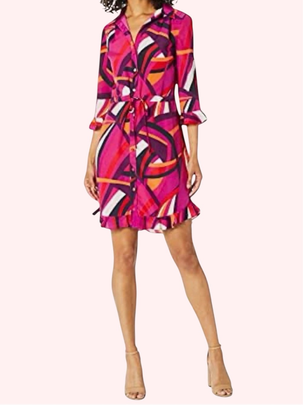 Trina Turk Pink-Orange Nat Geo-Print Tie-Waist Mini Ruffle Shirt Dress Size M